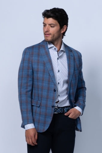 Edmond Blue And Brown Cotton Linen Check Blazer