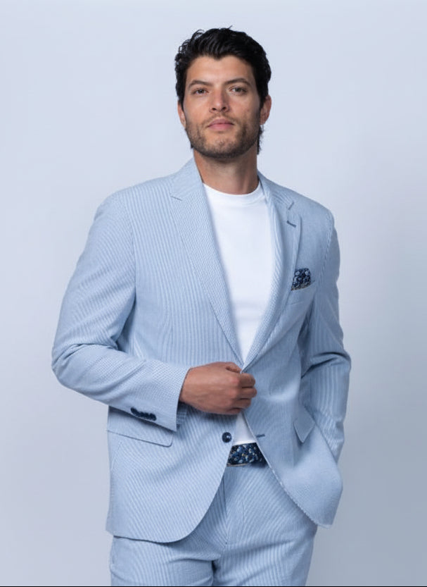 Galveston Blue And White Seersucker Stretch Blazer