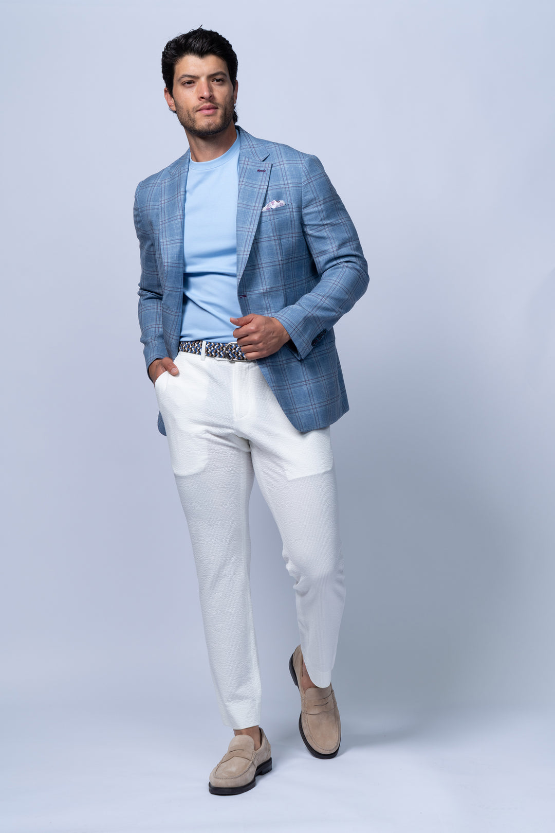 Amalfi Blue Wool Silk Linen Check