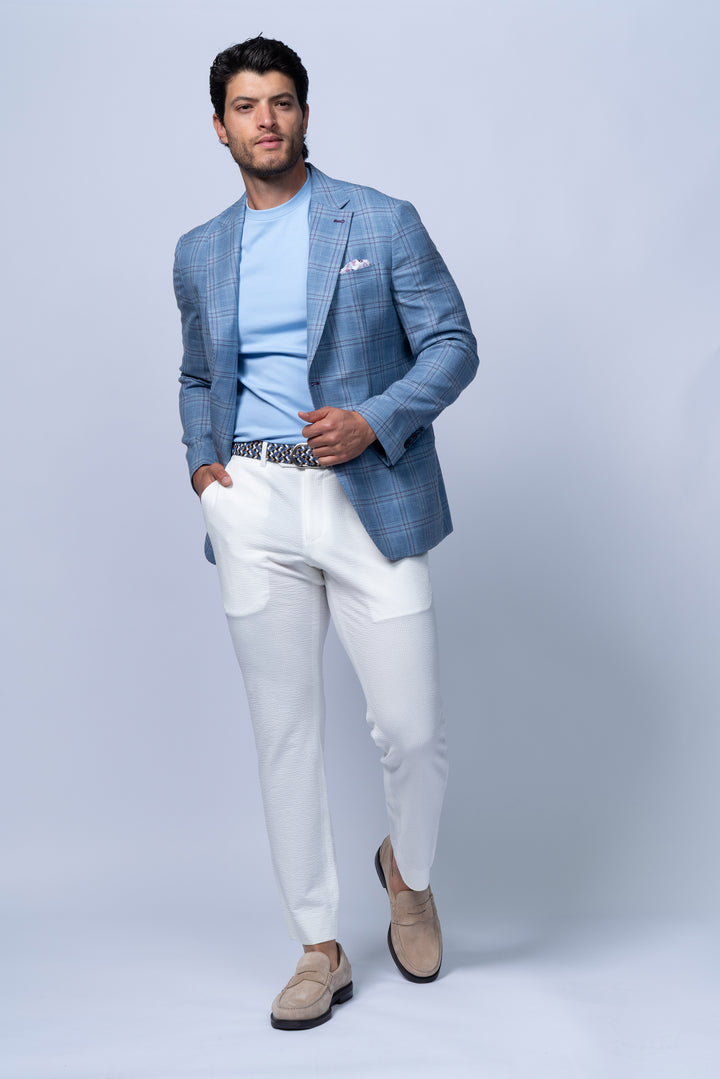 Amalfi Blue Wool Silk Linen Check