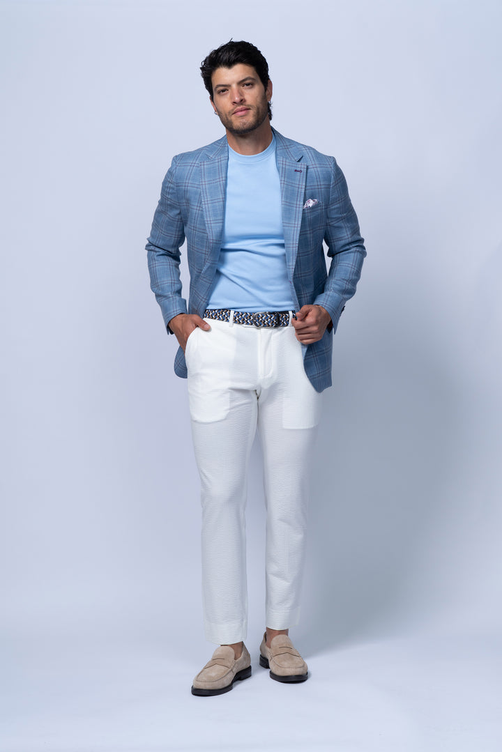 Amalfi Blue Wool Silk Linen Check