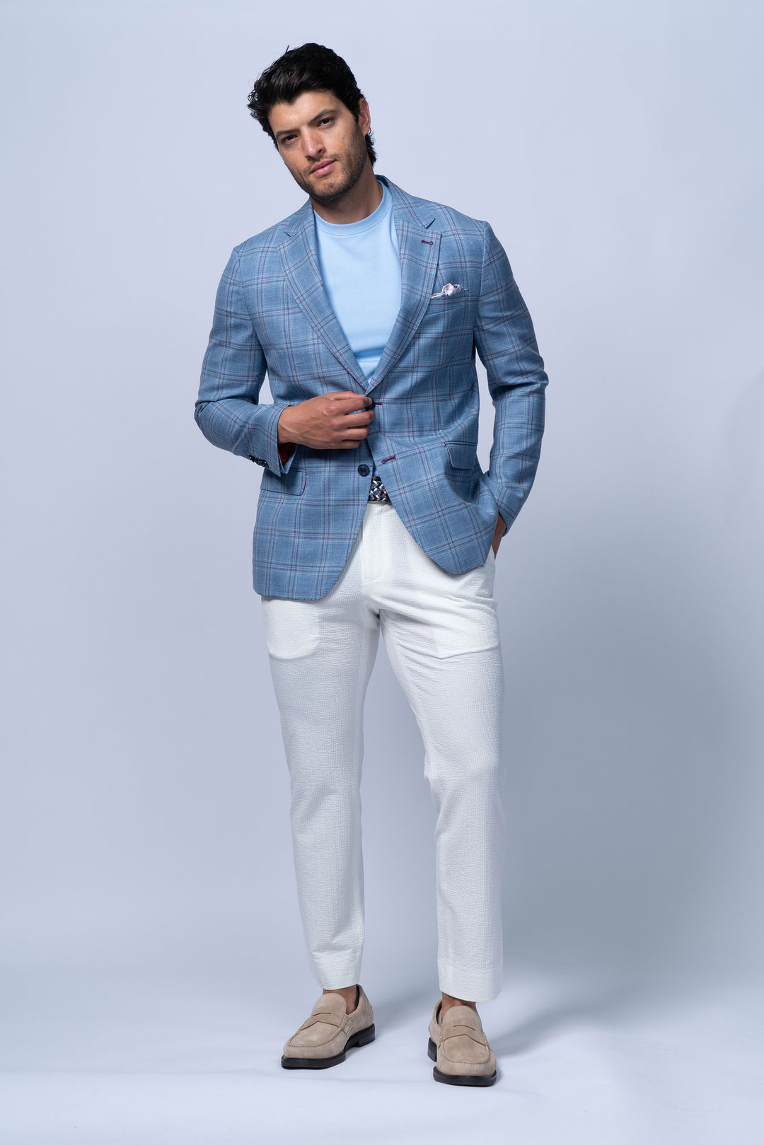 Amalfi Blue Wool Silk Linen Check