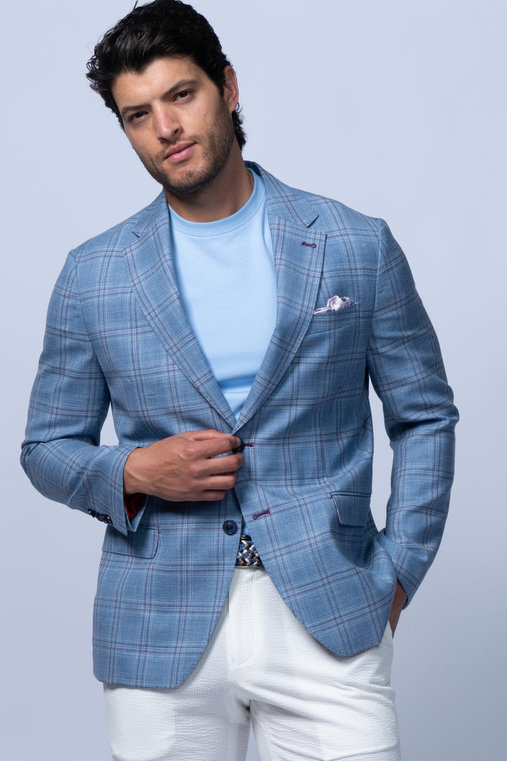 Amalfi Blue Wool Silk Linen Check