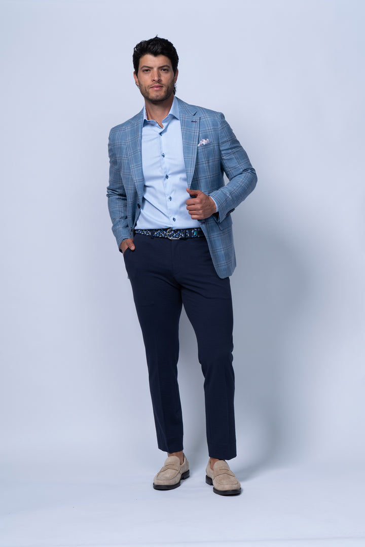 Amalfi Blue Wool Silk Linen Check