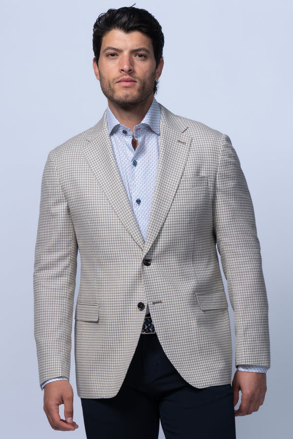 Padova Beige Stretch Wool Silk Linen Check