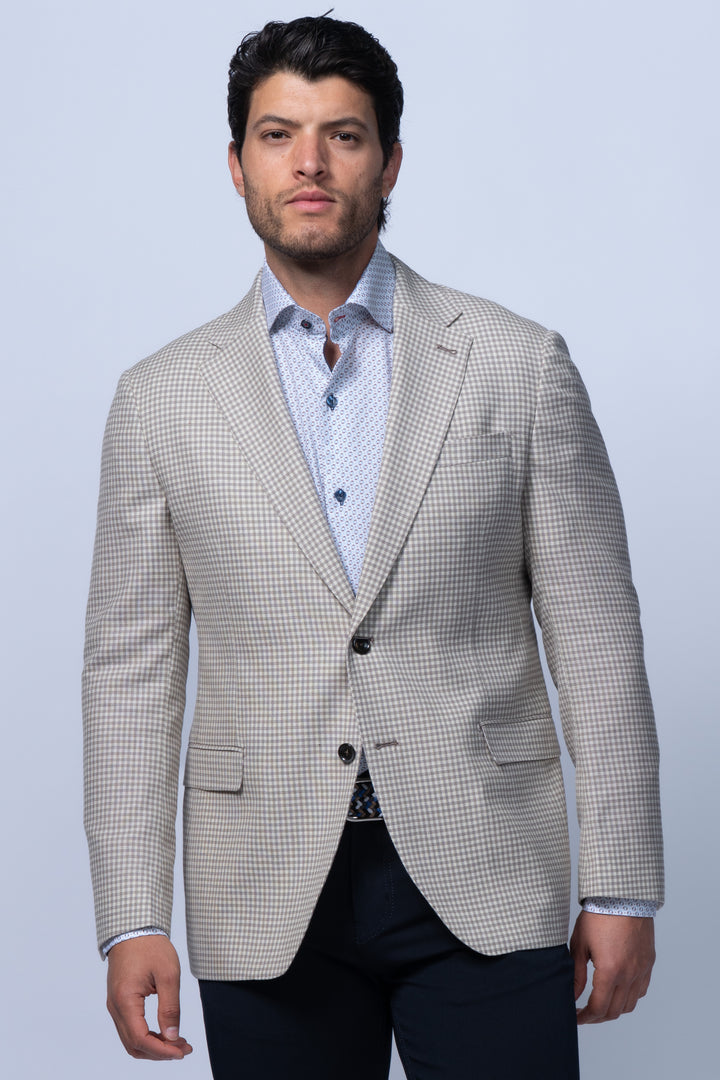 Padova Beige Stretch Wool Silk Linen Check