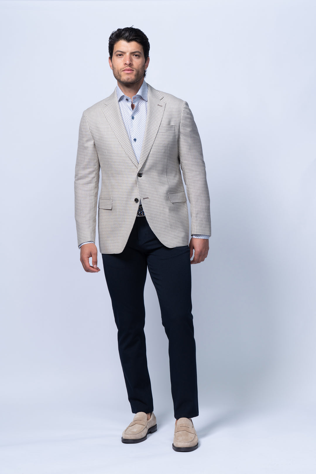 Padova Beige Stretch Wool Silk Linen Check