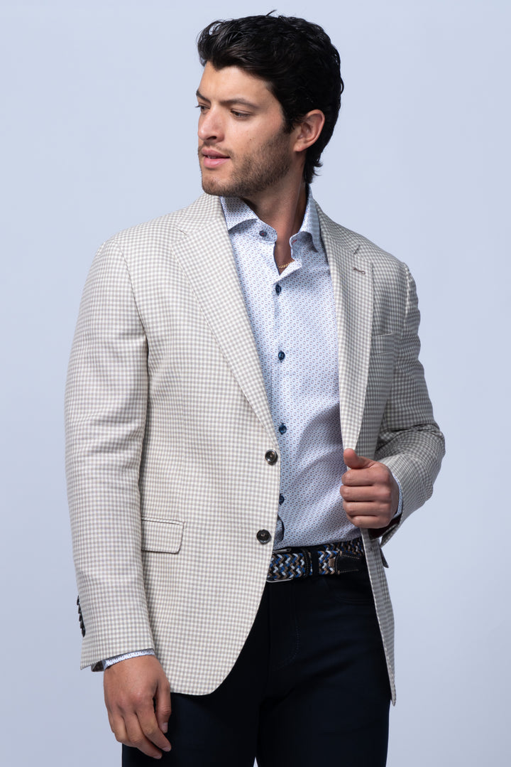 Padova Beige Stretch Wool Silk Linen Check