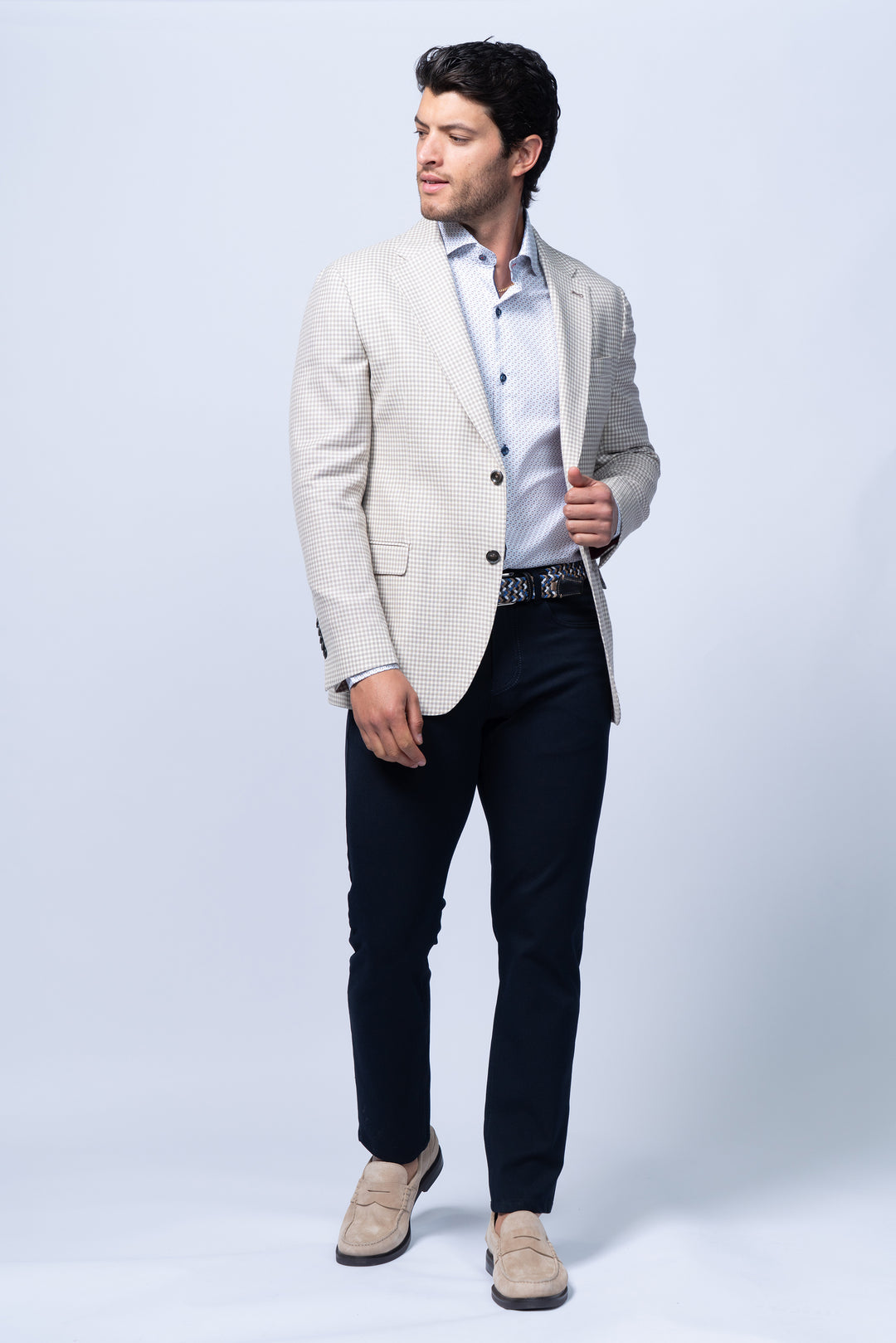 Padova Beige Stretch Wool Silk Linen Check