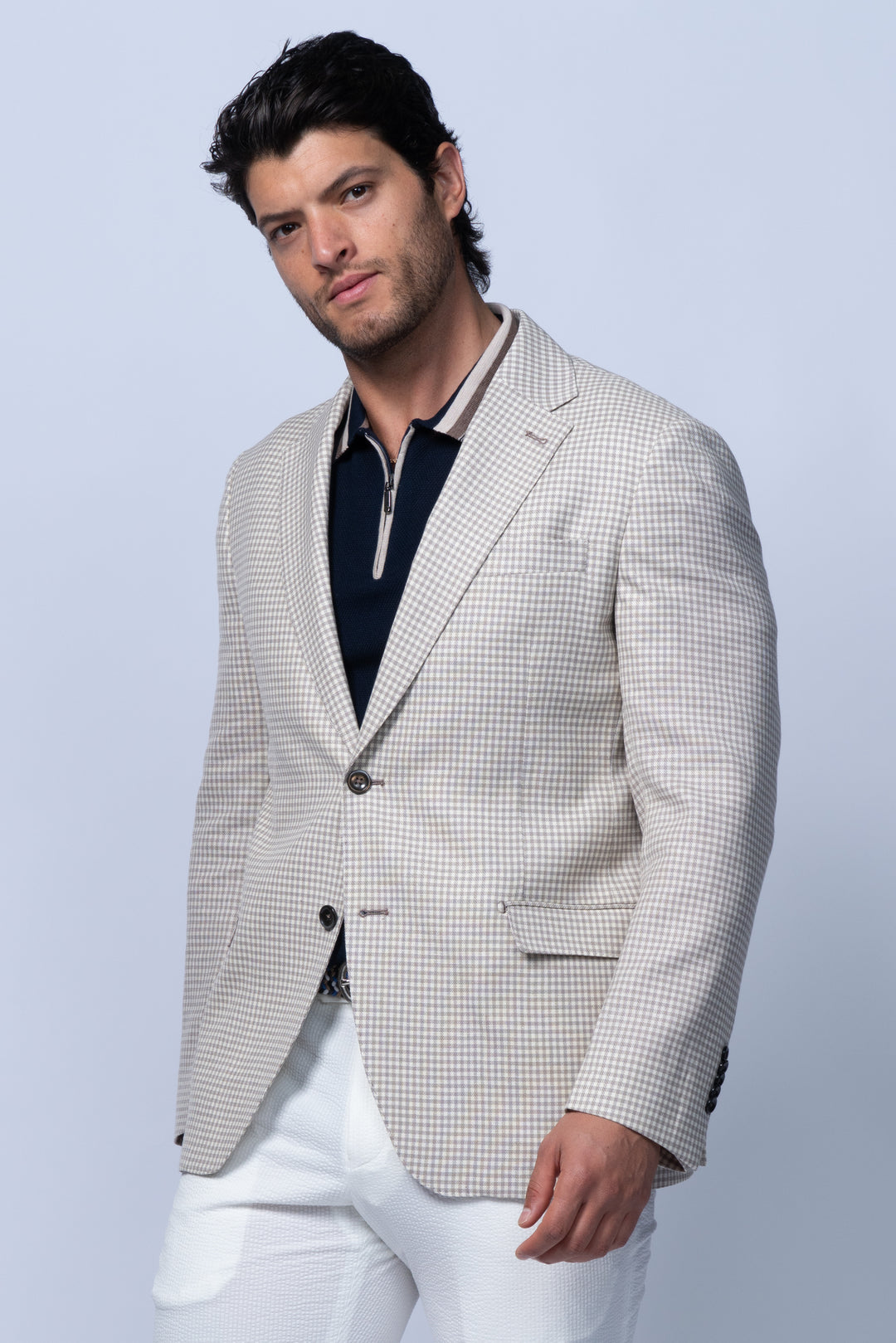 Padova Beige Stretch Wool Silk Linen Check