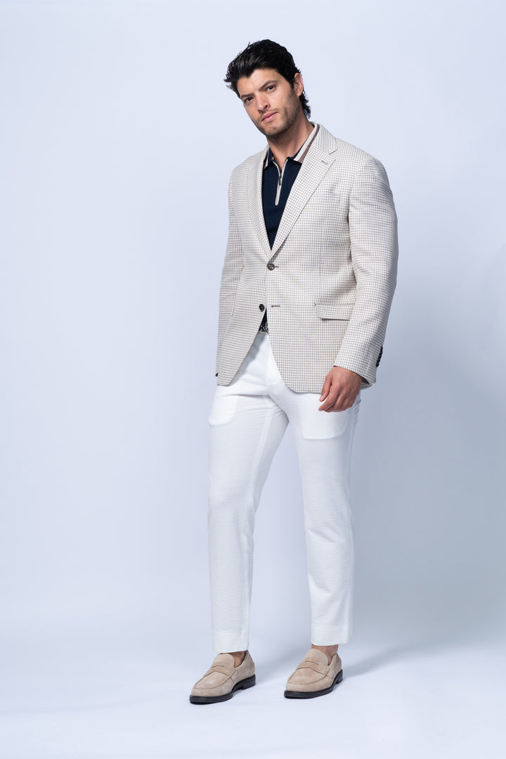 Padova Beige Stretch Wool Silk Linen Check