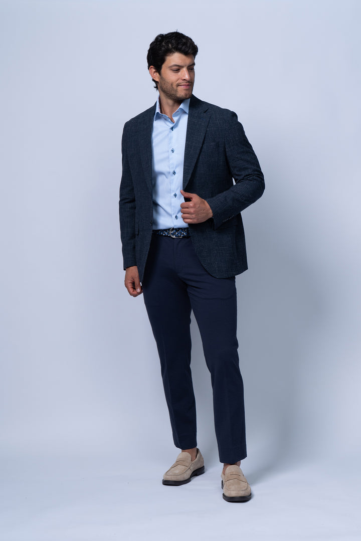 Salerno Navy Seersucker Stretch Wool Silk Linen