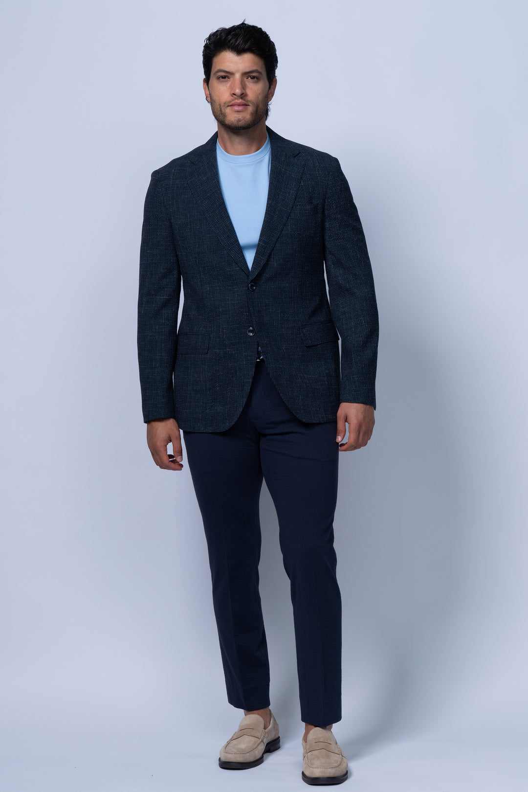 Salerno Navy Seersucker Stretch Wool Silk Linen