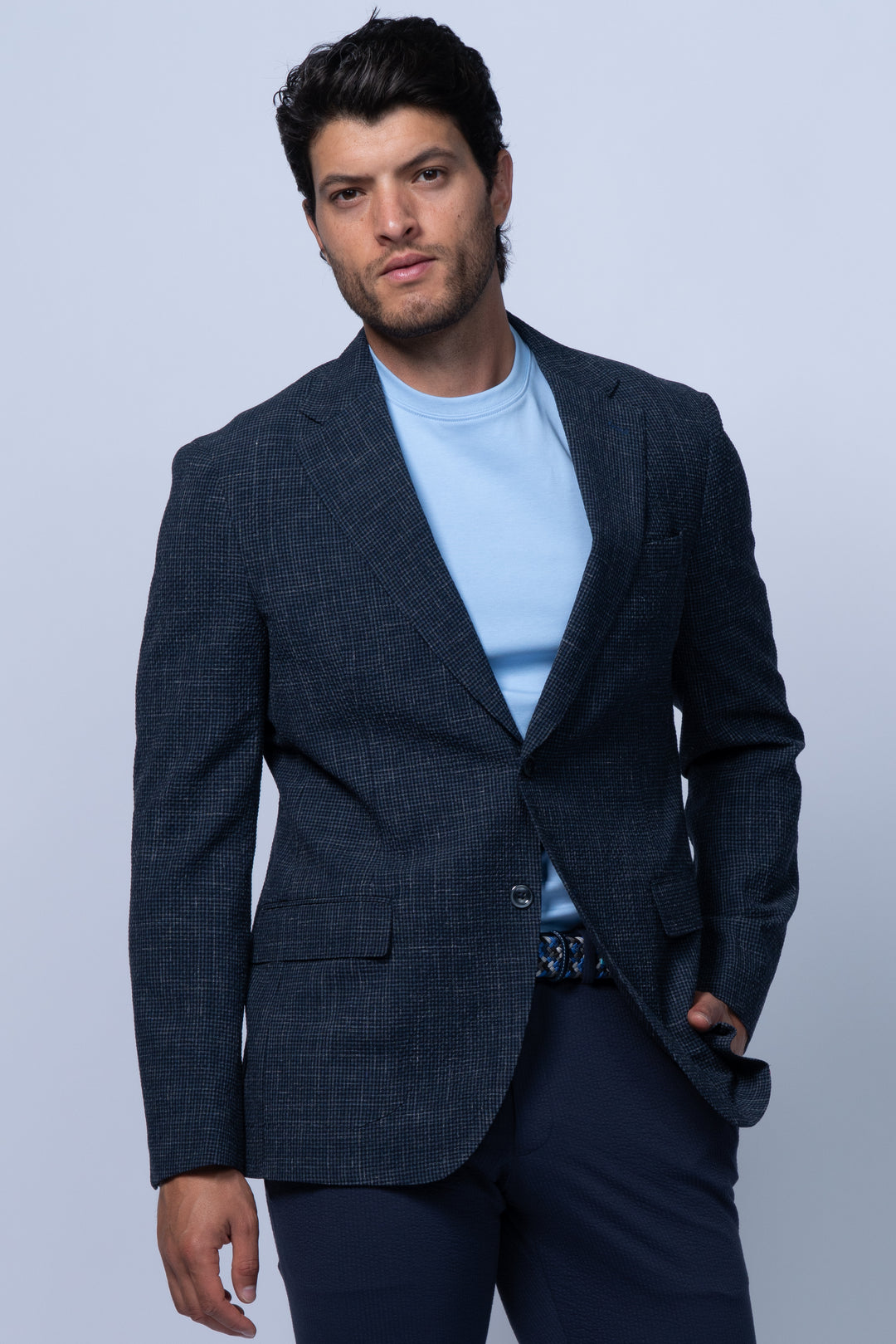 Salerno Navy Seersucker Stretch Wool Silk Linen