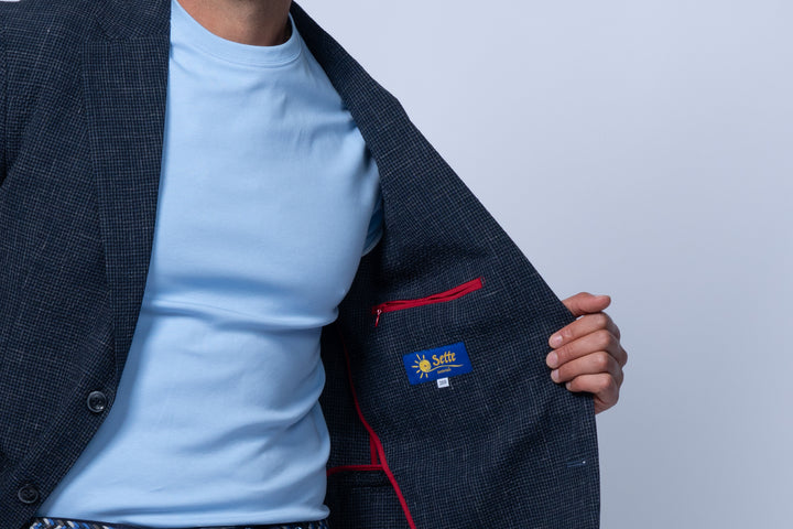 Salerno Navy Seersucker Stretch Wool Silk Linen