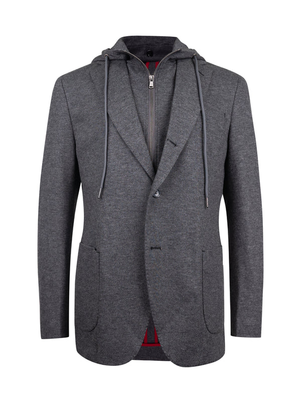 Charcoal sport coat with zip-up bib insert, tailored design, and two front pockets.