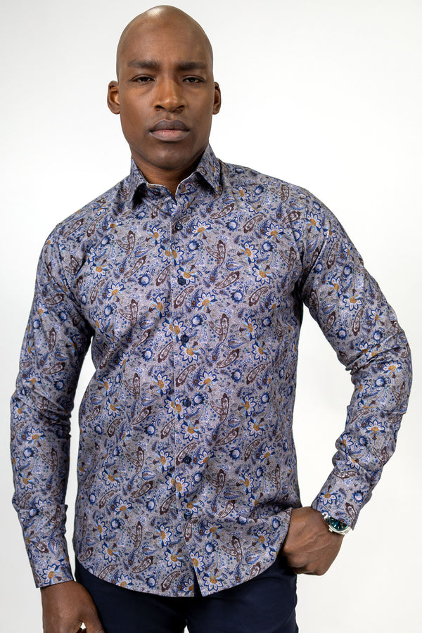 Brushed Cotton Paisley Sport Shirt – Charcoal & Cognac