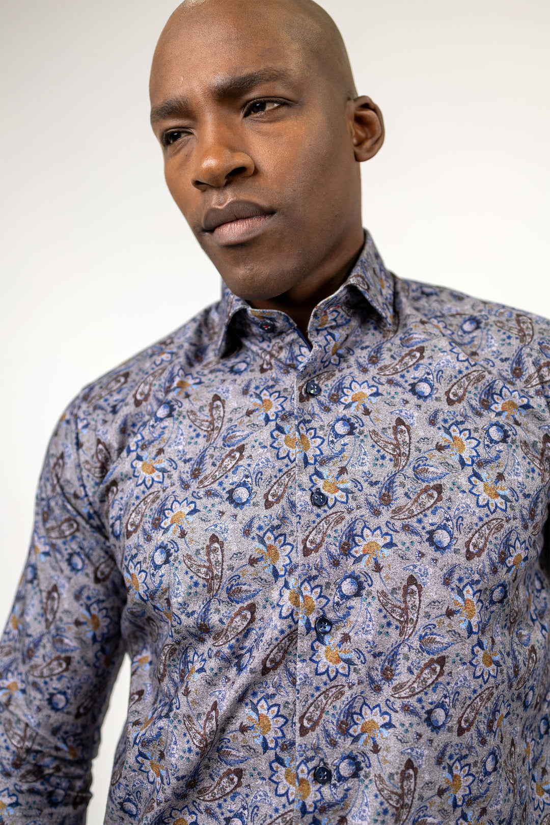 Brushed Cotton Paisley Sport Shirt – Charcoal &amp; Cognac