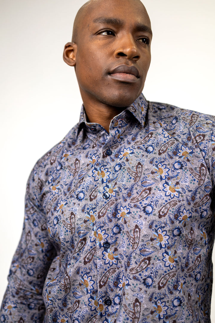 Brushed Cotton Paisley Sport Shirt – Charcoal &amp; Cognac