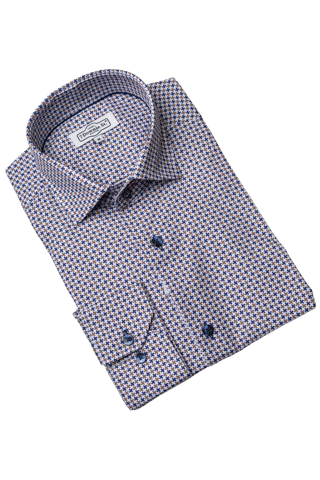 White, Navy, Brown Geometric Sport Shirt