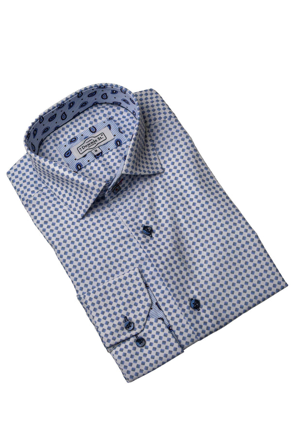 White with Navy Gradient Diamond Pattern Sport Shirt