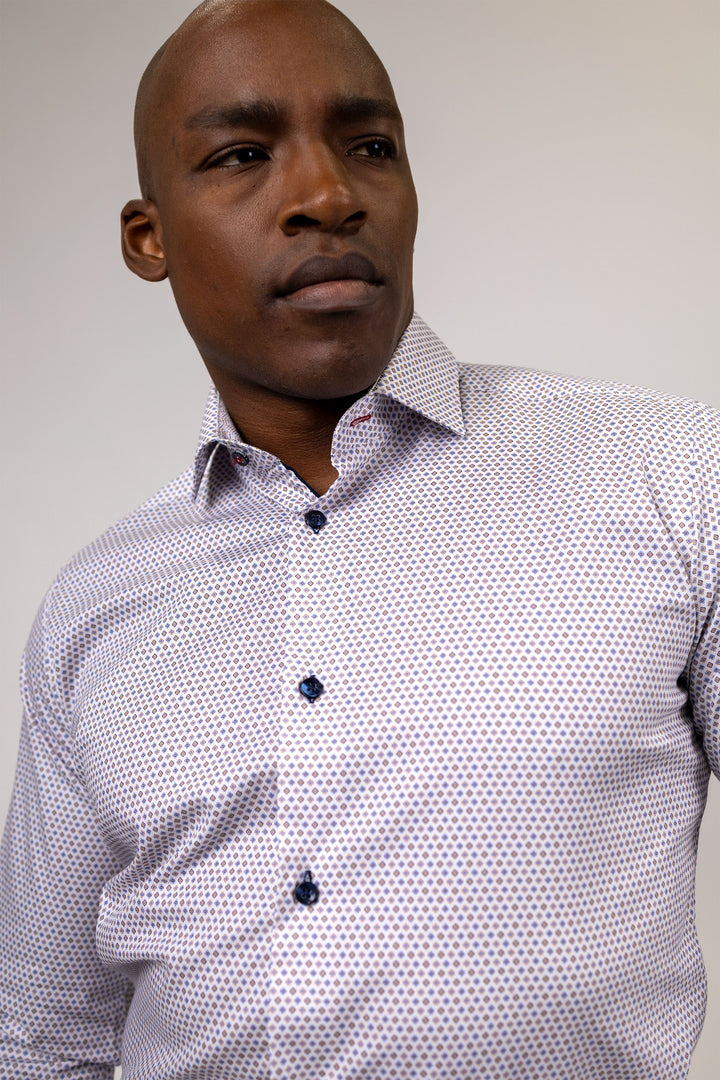 White with Blue and Brown Neat Sport Shirt