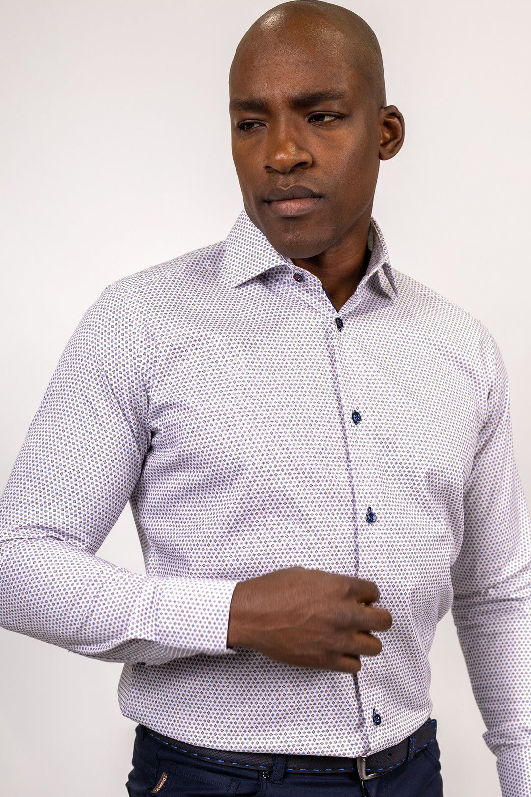 White with Blue and Brown Neat Sport Shirt
