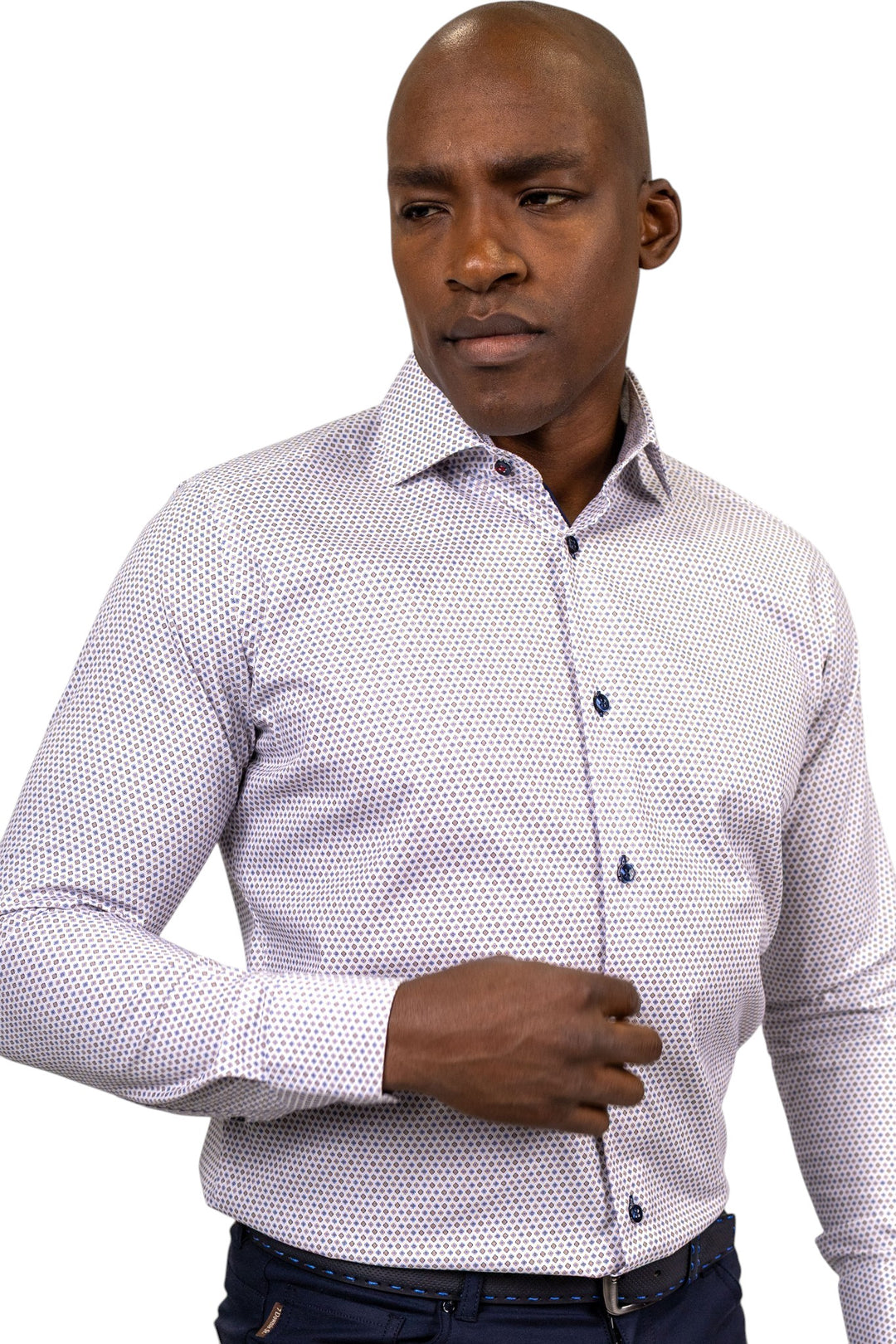 White with Blue and Brown Neat Sport Shirt