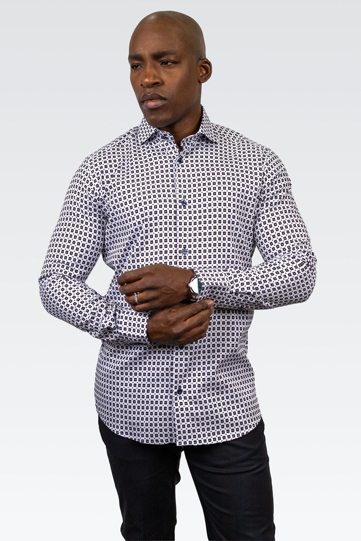 White with Blue and Brown Floral Print Sport Shirt