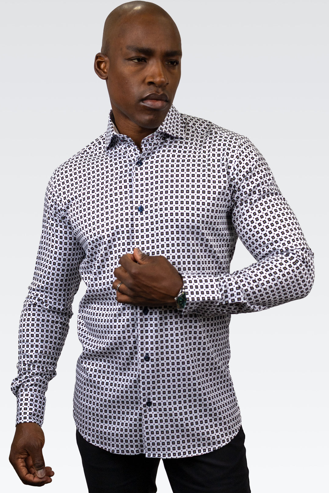 White with Blue and Brown Floral Print Sport Shirt