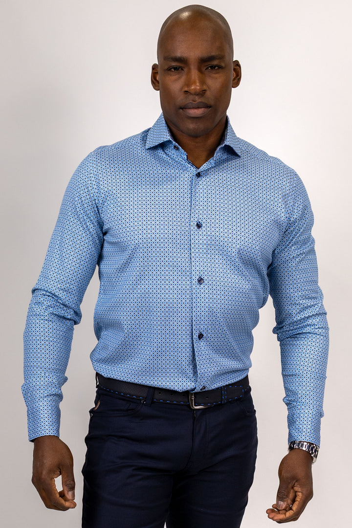White with Blue Medallion Print Dress Shirt
