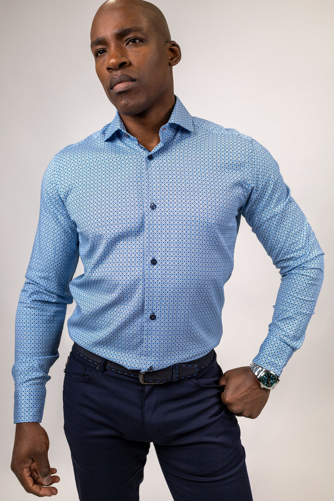 White with Blue Medallion Print Dress Shirt