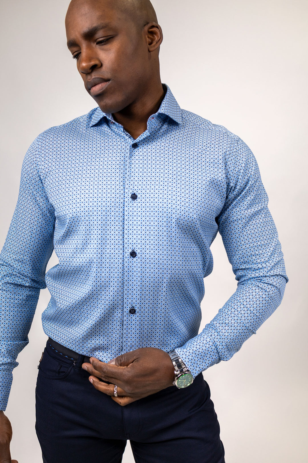 White with Blue Medallion Print Dress Shirt