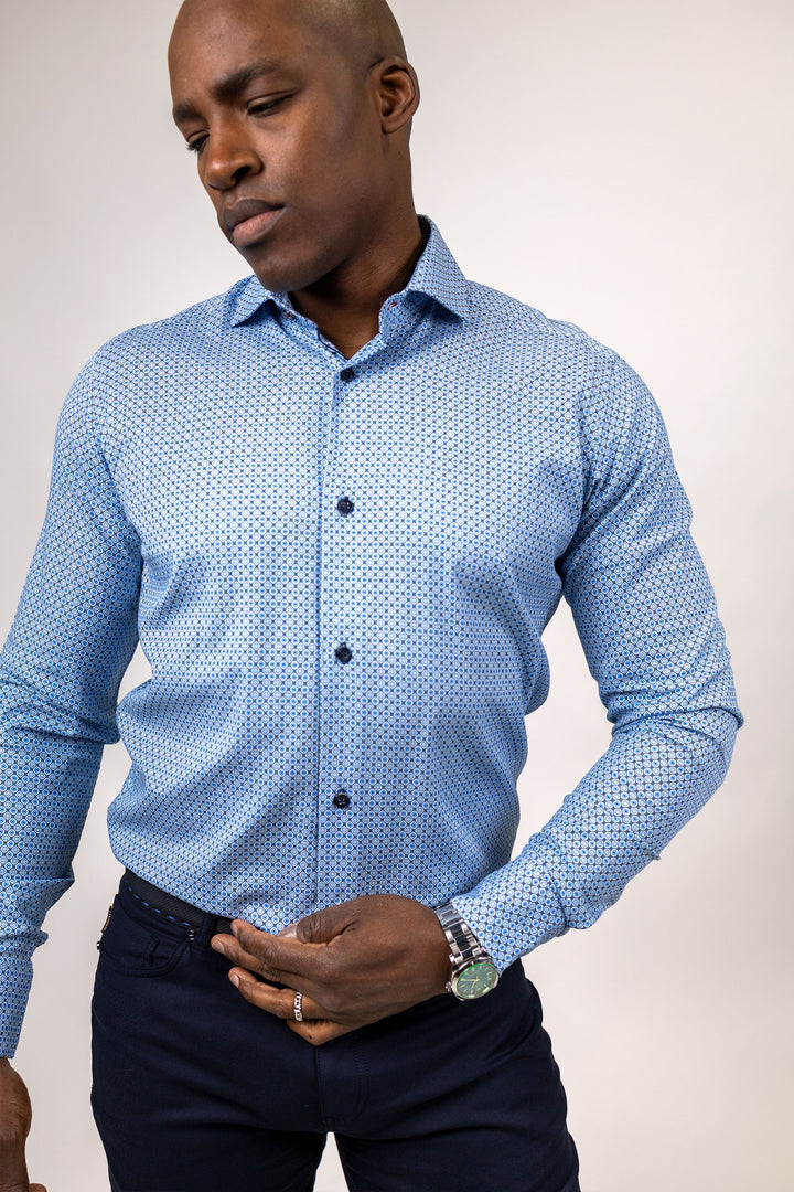 White with Blue Medallion Print Dress Shirt