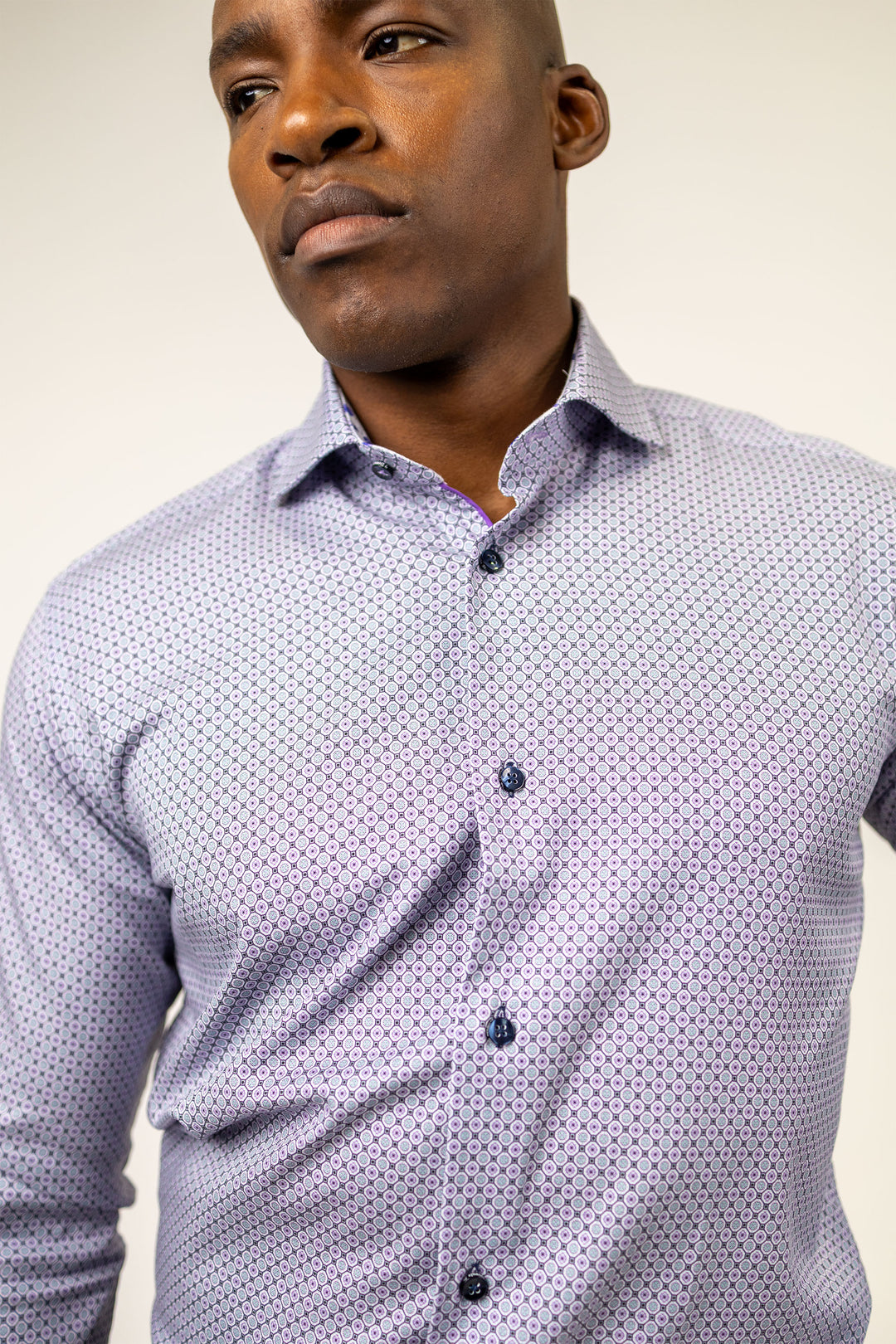 White with Mauve Medallion Print Dress Shirt