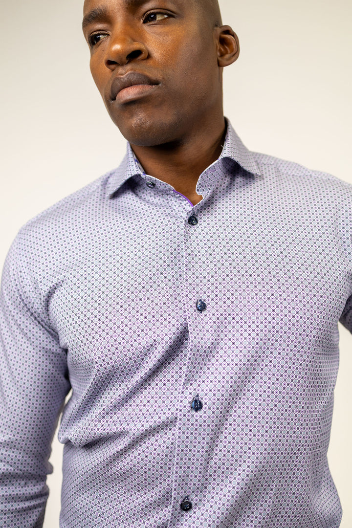 White with Mauve Medallion Print Dress Shirt