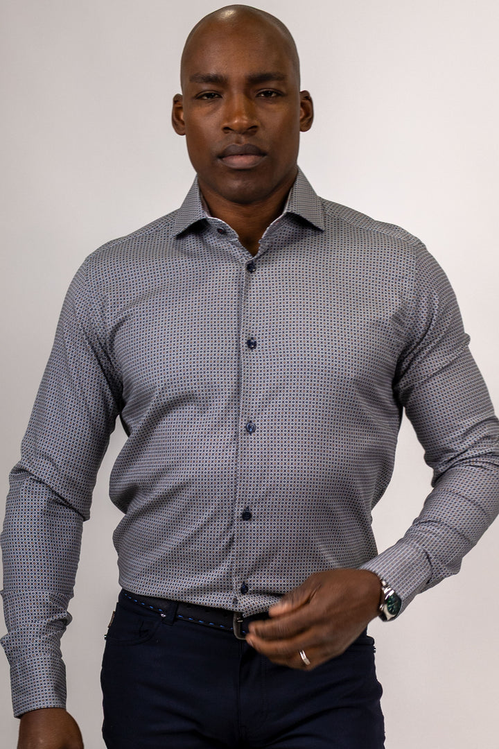 Blue and Brown Medallion Print Dress Shirt