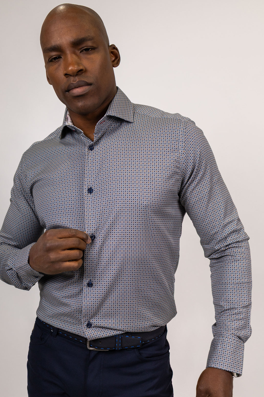 Blue and Brown Medallion Print Dress Shirt