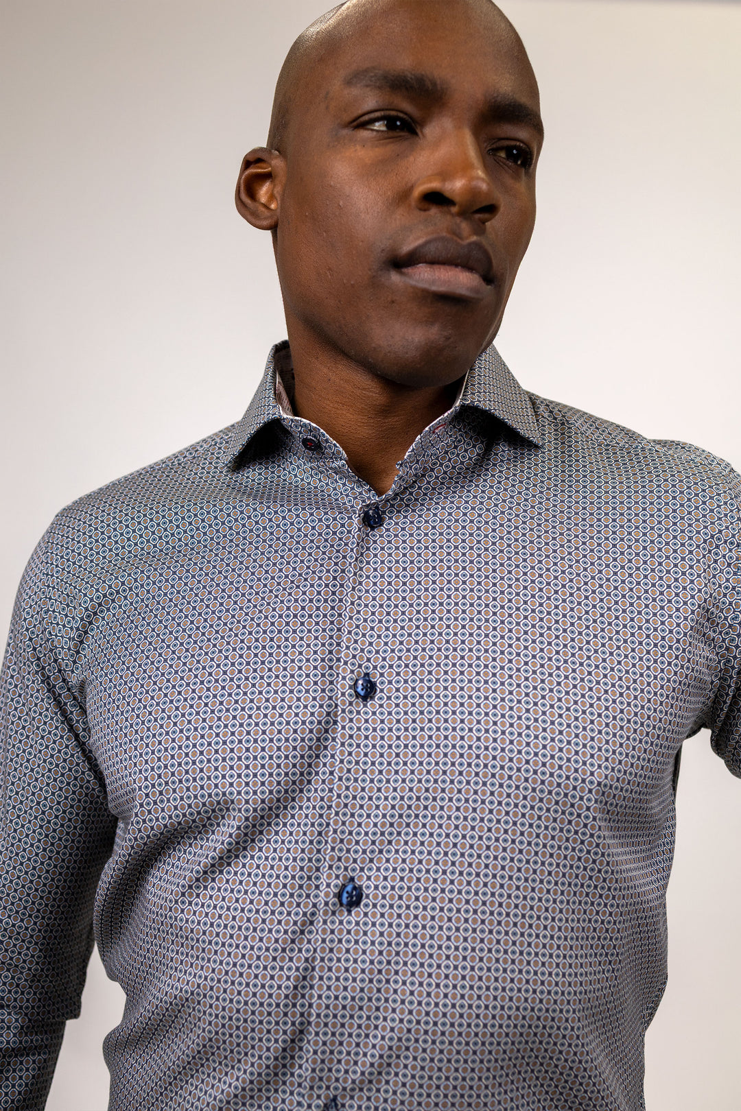 Blue and Brown Medallion Print Dress Shirt