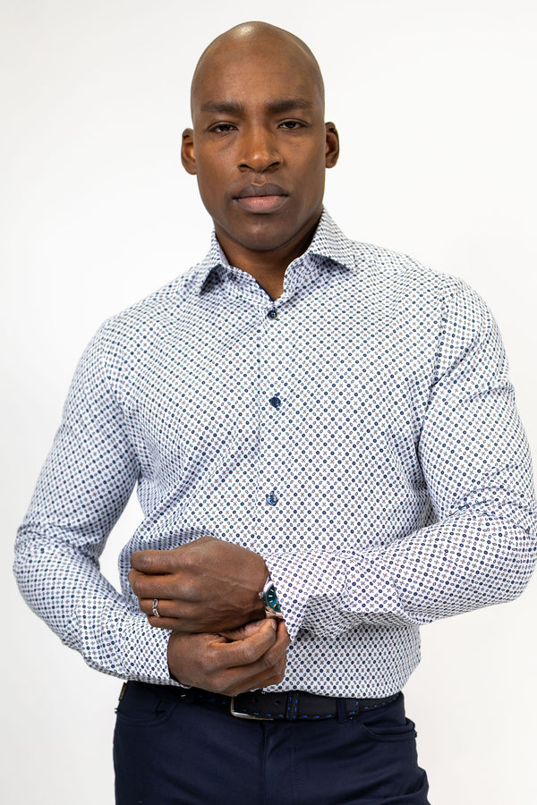 White with Blue and Brown Neat Print Dress Shirt