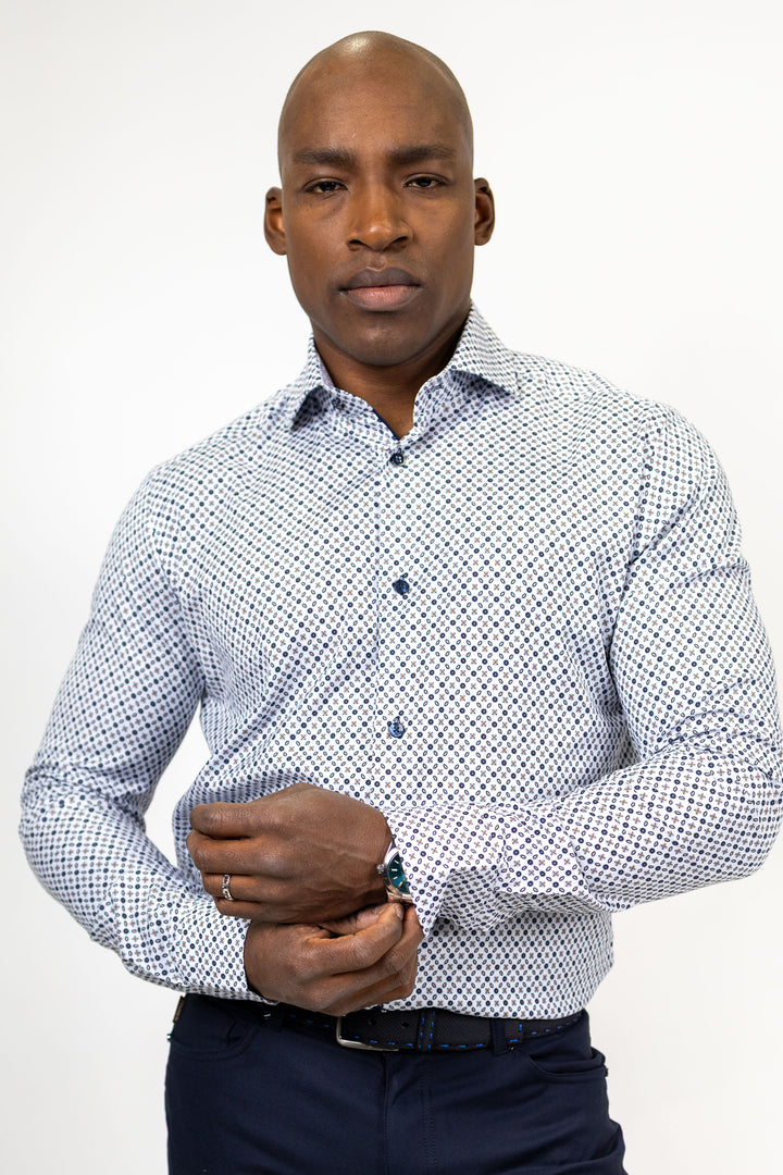 White with Blue and Brown Neat Print Dress Shirt