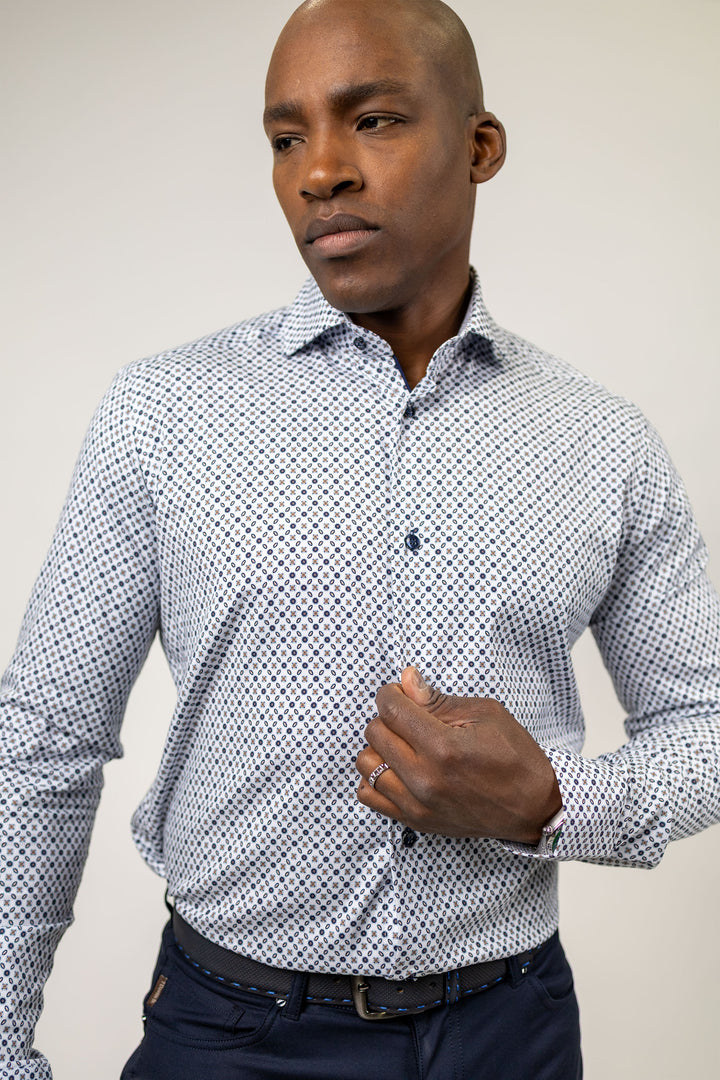 White with Blue and Brown Neat Print Dress Shirt
