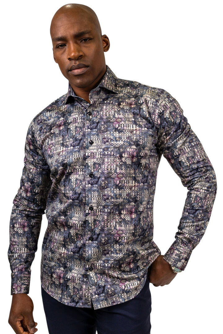 Blue and Brown Abstract Print Sport Shirt