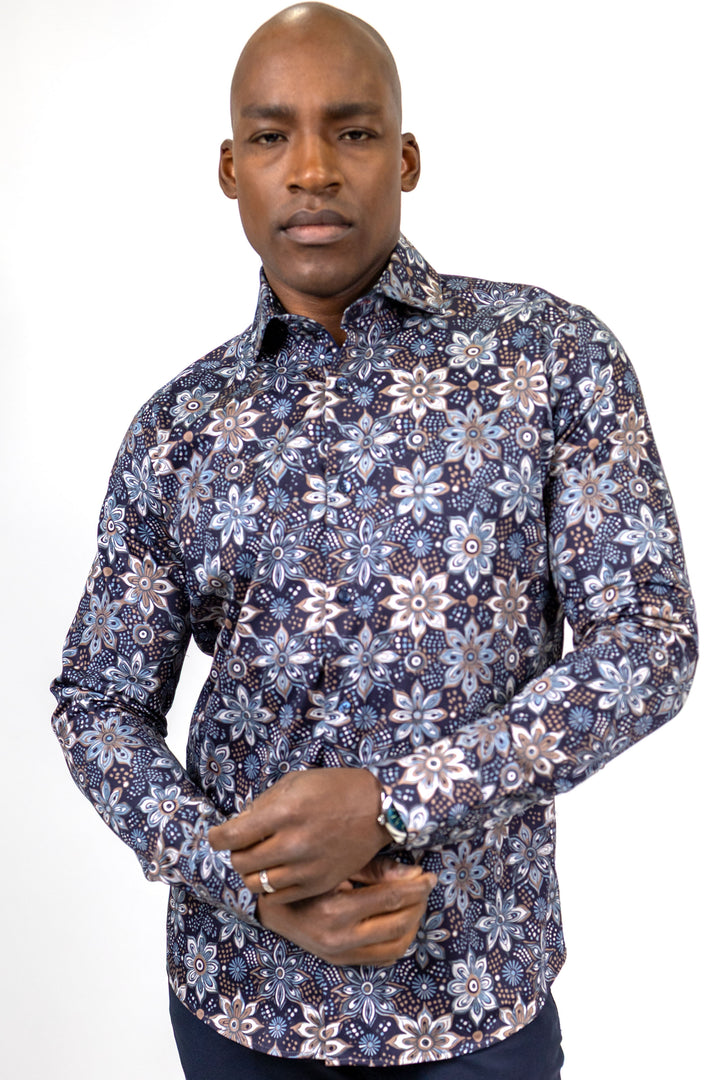 Blue and Brown Floral Print Sport Shirt