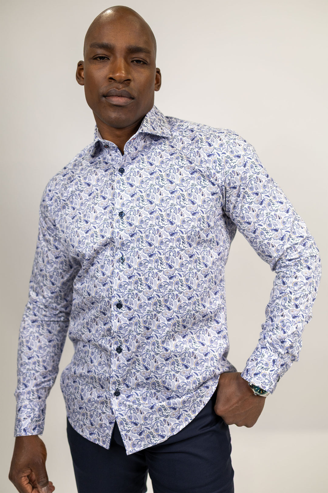 White and Navy Paisley Sport Shirt