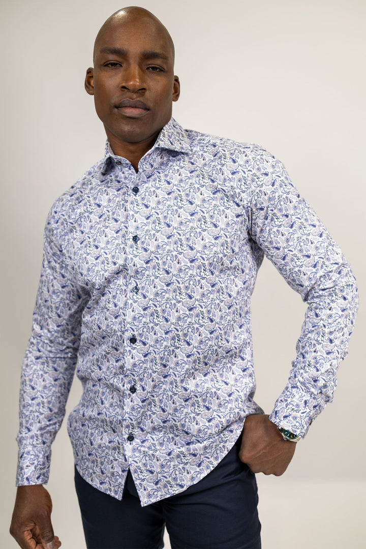 White and Navy Paisley Sport Shirt