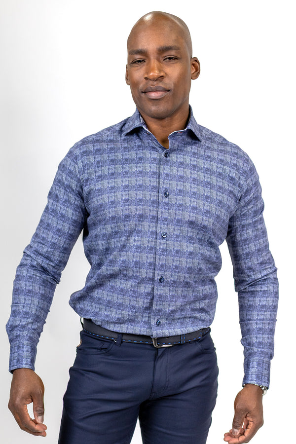 Navy Prince of Wales Print Sport Shirt