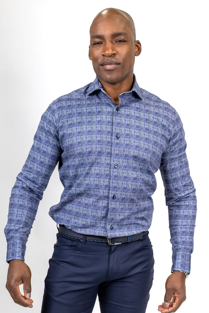 Navy Prince of Wales Print Sport Shirt