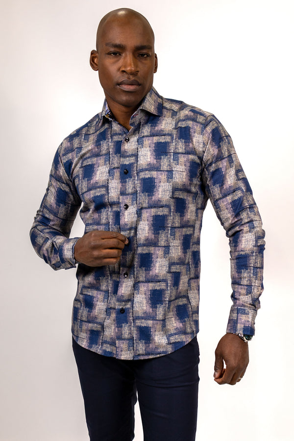 Blue and Brown Abstract Print Sport Shirt