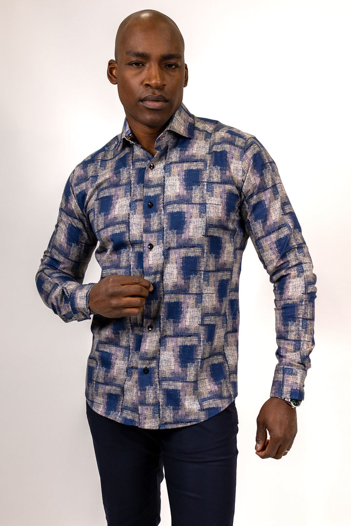 Blue and Brown Abstract Print Sport Shirt